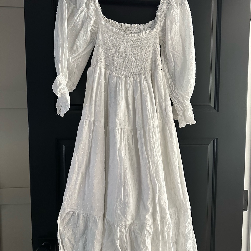 H&M White Tiered Ruffled Midi Dress with Bishop Sleeves